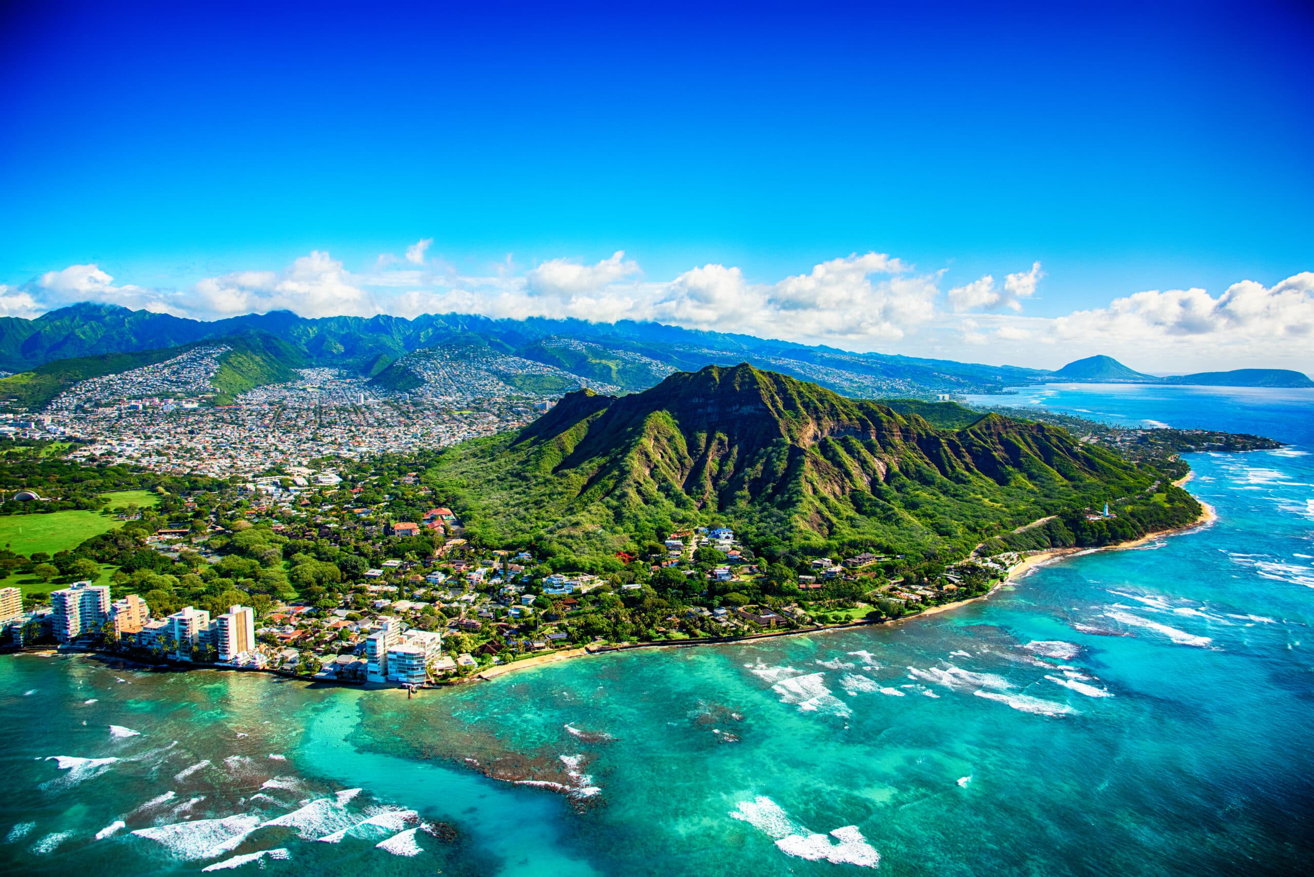 The dormant volcano known as Diamond Head located adjacent to downtown Honlulu, Hawai